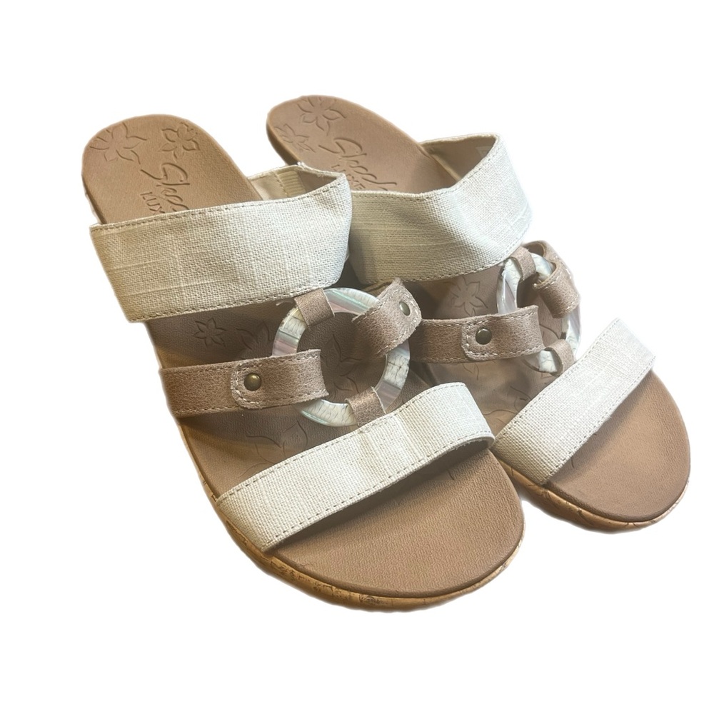 Skechers Luxe Foam Sandals Women's 7.5 Tan Beige Comfort Platform Wedge slip on